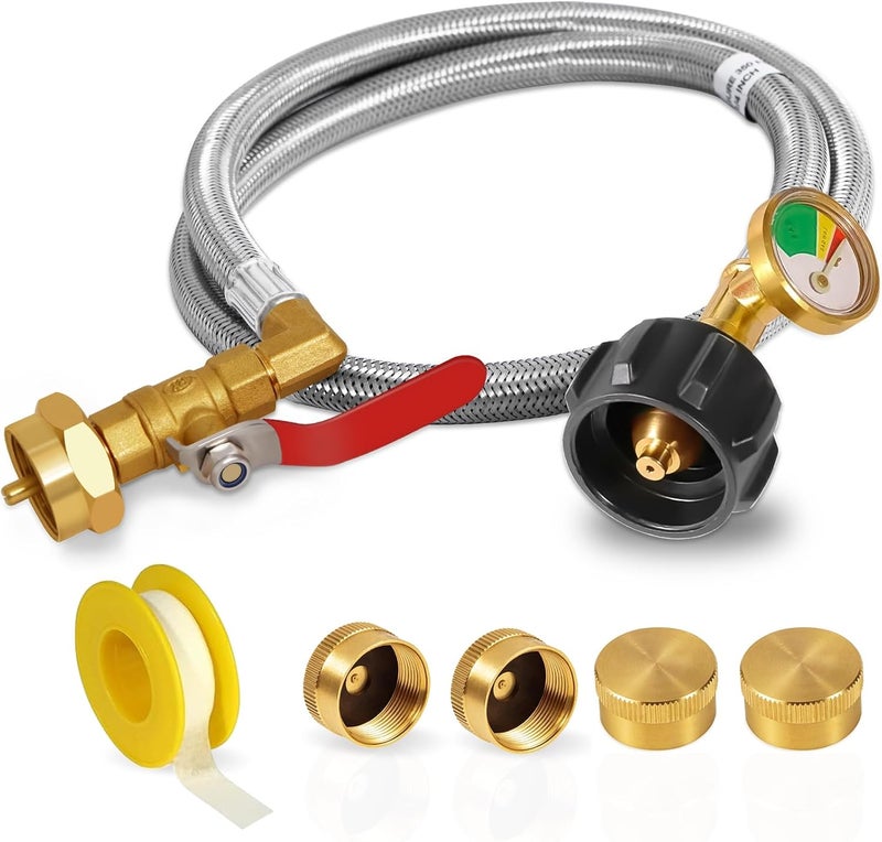 CONROS Propane Adapter for 1 lb. Tanks with Tank Gauge & Control Valve, 3 FT Propane Refill Stainless Steel Hose with 4 Bottle Caps, Fill 1 Pound Bottles from 5-40lb Tank - Image 1